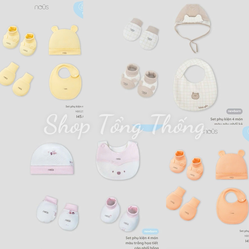 SET PHỤ KIỆN NOUS sơ sinh bao tay chân nón yếm cao cấp mềm mịn co giãn tốt bé trai bé gái cực xinh