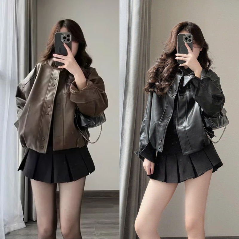 [Hàng QC/ 2 Lớp] Áo Khoác Da Trơn Cúc Đôi Form Rộng Bo Chun Viền Gấu Siêu Xinh MS107