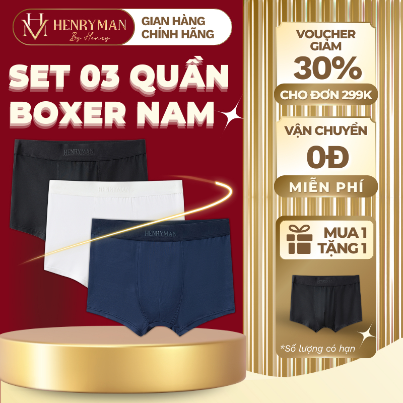 Quần Lót Boxer Nam HENRY MAN Cao Cấp, Quần Sịp Nam Set 3 Chiếc Thun Lạnh Kháng Khuẩn Co Giãn