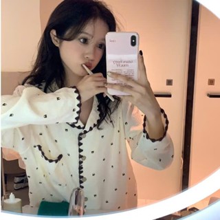 Bộ ngủ nữ áo tay dài cotton mây mềm mặc nhà pijama hình gấu viền may điệu tiểu thư dễ thương thu đông 074