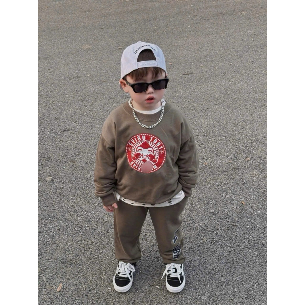 Bộ áo nỉ cổ tròn evisu cho bé , set áo sweater quần nỉ dài bé trai , bé gái , Kid genz