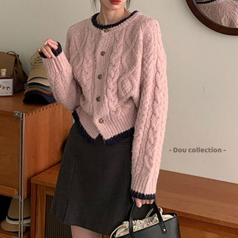Áo Khoác Cardigan Nữ, Áo Len Dệt Kim Hoạ Tiết Dây Đan Chéo Viền Đen Phong Cách Hàn Quốc Thời Trang Thu Đông - Mã TA084 | BigBuy360 - bigbuy360.vn