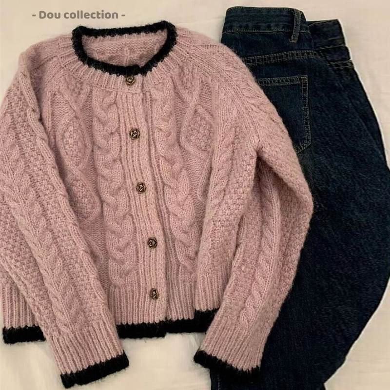 Áo Khoác Cardigan Nữ, Áo Len Dệt Kim Hoạ Tiết Dây Đan Chéo Viền Đen Phong Cách Hàn Quốc Thời Trang Thu Đông - Mã TA084 | BigBuy360 - bigbuy360.vn