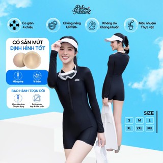 Đồ bơi nữ một mảnh tay dài kiểu quần short kín đáo, chống nắng, có bigsize đến 75kg - BIKINI PASSPORT - Đen - BS260_BL