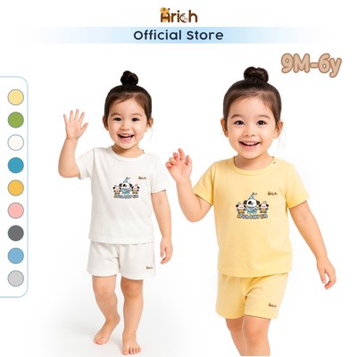 Bộ cộc tay cài vai Arich vải sợi tre in Baby Kin bé gái cho bé từ 9 tháng đến 6 tuổi