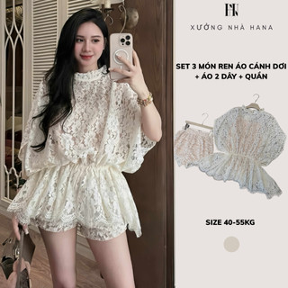  Set 3 Món HANA Áo Cánh Dơi Ren + Áo 2 Dây Lót + Quần Đùi – Bộ Đồ Nữ Chất Ren Nhiều Lớp Thời Trang 