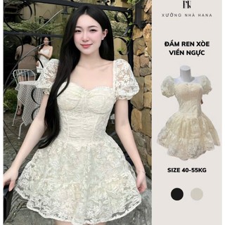  Đầm Ren Ngắn Cổ Vuông Tay Bồng Hoa Nổi HANA – Váy Xòe Nữ Dáng Ngắn Sang Trọng Đi Tiệc Dạo Phố 