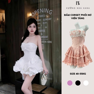  Đầm Corset cúp ngực xòe bồng HANA - Váy bèo tầng công chúa chất bóng tôn dáng ba màu Trắng Đen Hồng 