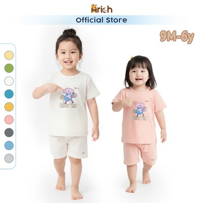 Bộ cộc tay bé gái cài vai Arich vải sợi tre in Baby Zin cho bé từ 9 tháng đến 6 tuổi
