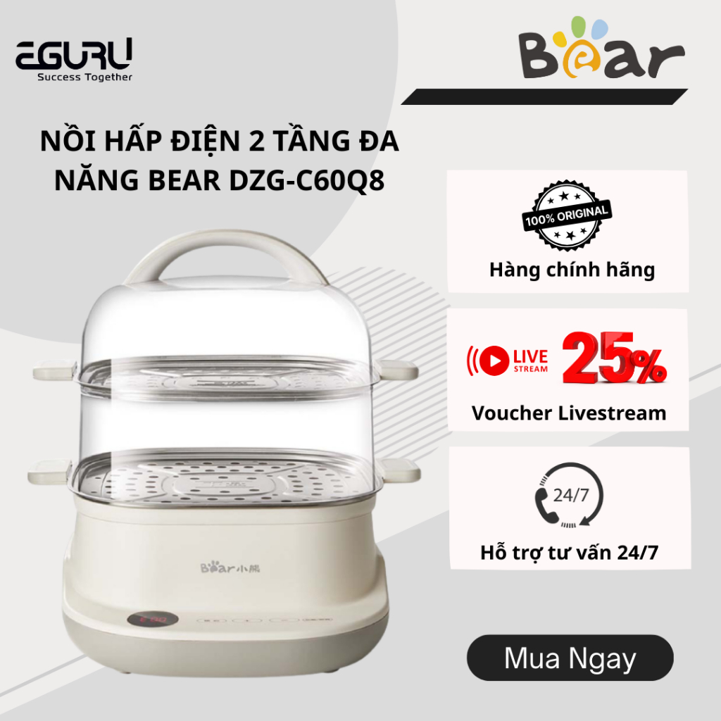 Nồi Hấp Điện 2 Tầng Đa Năng BEAR DZG-C60Q8 - 6L- Tiết Kiệm Điện- Hẹn Giờ Tắt - BH 18 tháng