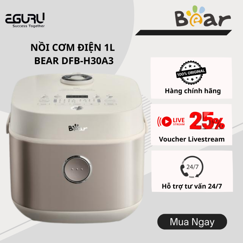 [GIAO HỎA TỐC] Nồi cơm điện 1L Bear DFB-H30A3 (RC-4H30S) - 600W, Thiết Kế Tay Cầm, Bảo Hành 18 tháng