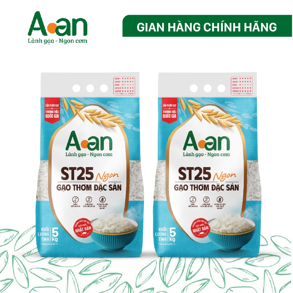 Combo 2 túi Gạo ST25 ngon túi 5kg - Thiết kế bao bì mới - Chính hãng Gạo sạch Aan