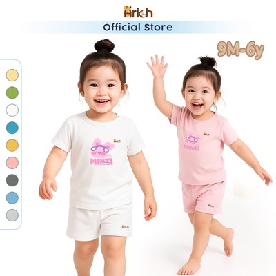 Bộ cộc tay bé gái cài vai Arich vải sợi tre in Minti cho bé từ 9 tháng đến 6 tuổi