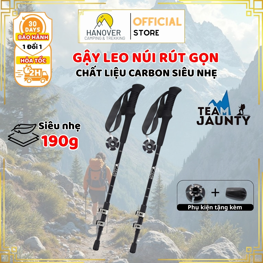 Gậy trekking rút gọn Carbon siêu nhẹ, dụng cụ đi bộ leo núi dài 63-135cm Team Jaunty Chính Hãng