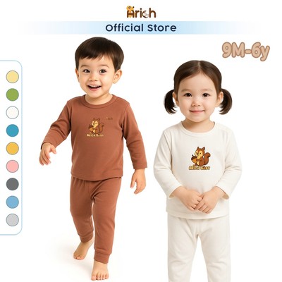 Bộ dài tay cài vai Arich vải sợi tre in Sóc Nâu mềm mát cho bé trai, gái từ 6 tháng đến 6 tuổi