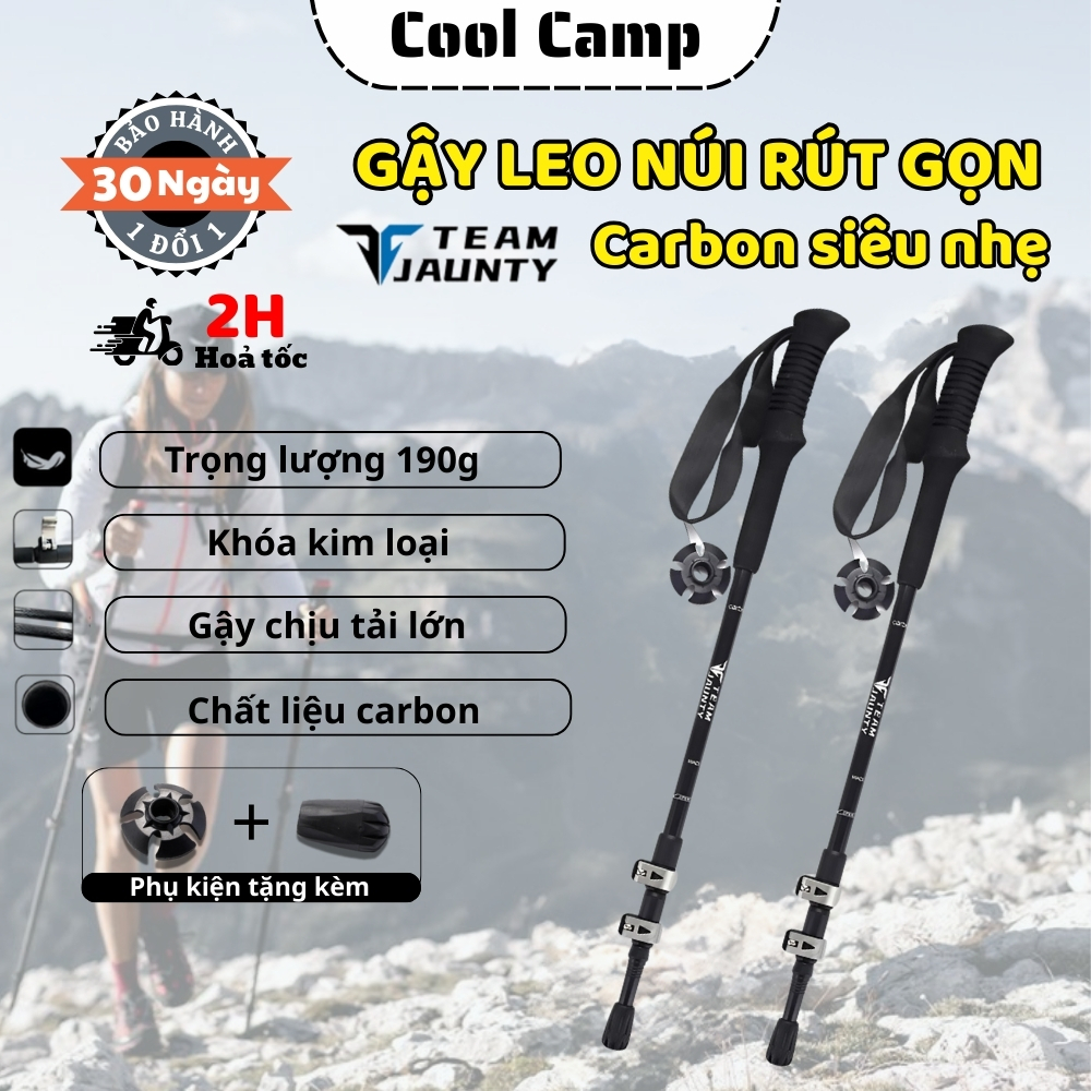 Gậy leo núi rút gọn Carbon Dài 63-135cm,Gậy Trekking Chính Hãng Team Jaunty Cao Cấp Siêu Nhẹ