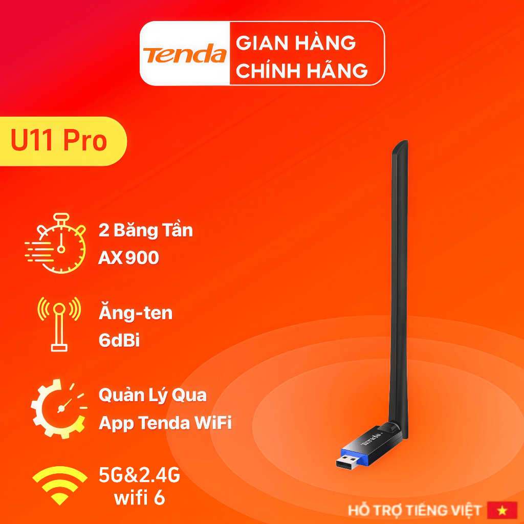 Bộ chuyển đổi USB WiFi Tenda U11 Pro AX900 Thẻ tín hiệu WiFi Băng tần kép Ăng-ten 6dBi cho PC Laptop