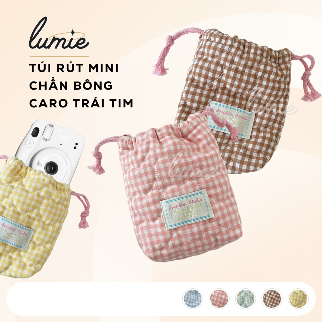 Túi Dây Rút Mini Caro Chần Bông Thêu Trái Tim Màu Pastel Đựng Đồ Cá Nhân Mỹ Phẩm Makeup Máy Ảnh