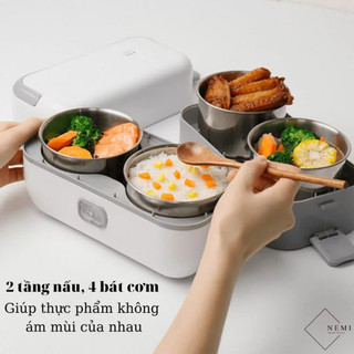 Hộp cơm cắm điện Chefman, hộp cơm văn phòng 4 khay 2 tầng có thể nấu cơm trực tiếp cực tiện lợi