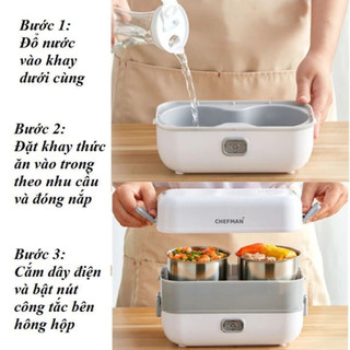 Hộp cơm cắm điện Chefman, hộp cơm văn phòng 4 khay 2 tầng có thể nấu cơm trực tiếp cực tiện lợi