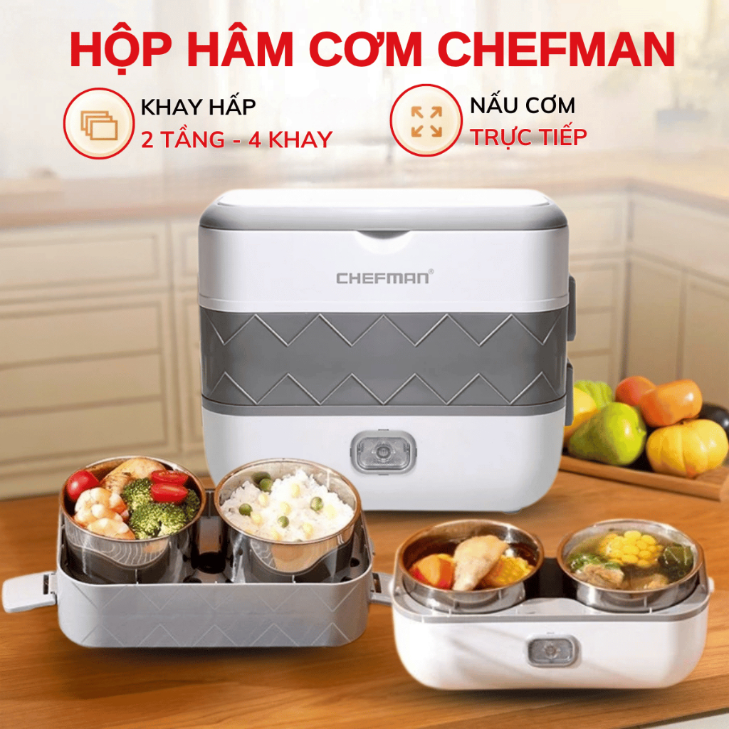 Hộp cơm cắm điện Chefman, hộp cơm văn phòng 4 khay 2 tầng có thể nấu cơm trực tiếp cực tiện lợi