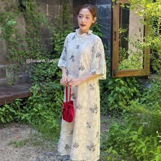   HAVANA  CÓ BIGSIZE - Áo dài tơ GIAI THI khảm lông vũ cổ bèo nhún cách điệu cúc ngọc kèm quần Satin AD184 