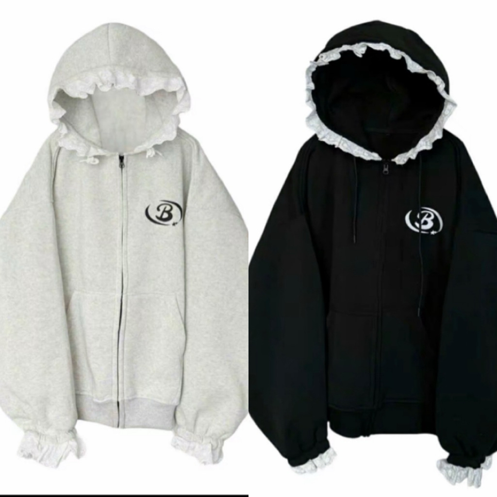 Áo Khoác Nỉ Khoá Mũ Phối Ren Phom Rộng Chất Vải Nỉ Bông