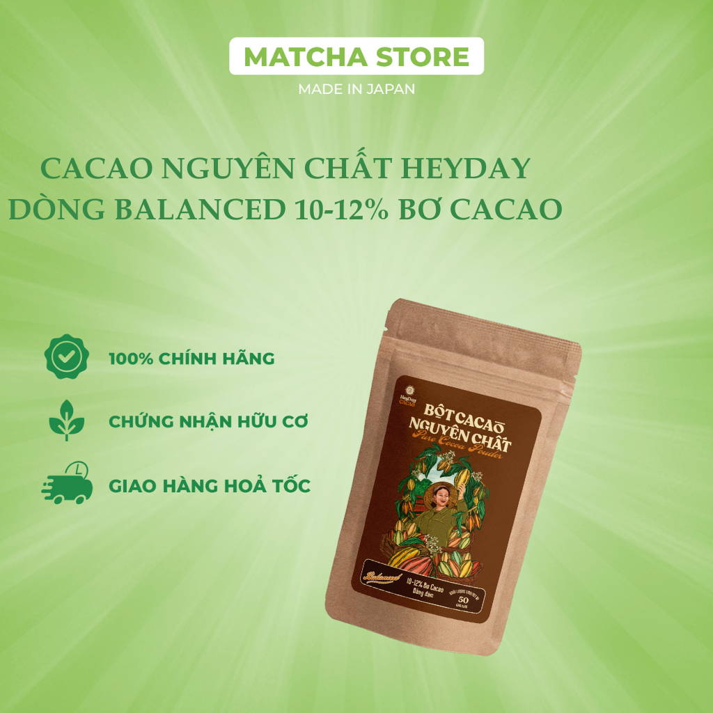 Bột cacao Heyday nguyên chất 100%, Bột cacao Heyday dòng Balanced - Cacao Heyday Túi giấy 50g/200g