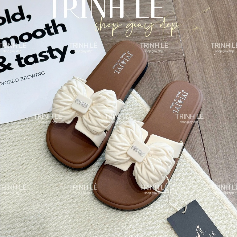 Dép Lê Nữ Quai Ngang Mũi Vuông Đính Nơ Đế Thấp Bánh Mì Phối Màu Thời Trang -TL010