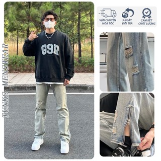 Quần Jean Nam Baggy rách gối ống suông, Quần jean nam ống đứng,Quần jean nam màu Xanh vàng wash,Quần jean boy phố