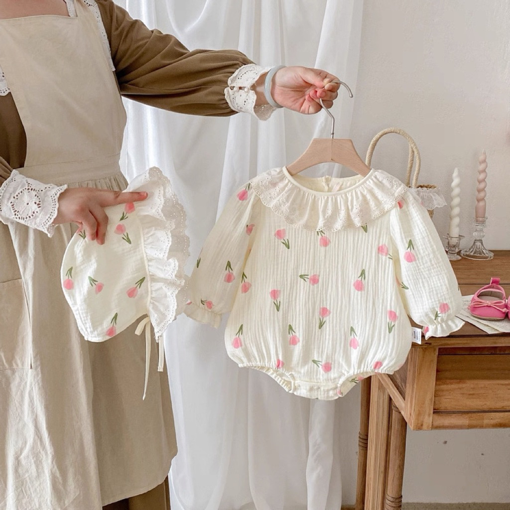 Bodysuit cho bé gái SUSHI BABY SHOP đồ liền thân sơ sinh hoa hồng cổ ren kèm mũ váy công chúa đầm dà