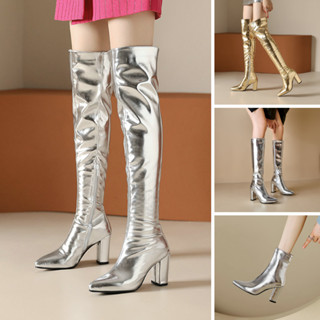 Giày boot da bóng màu BẠC, VÀNG ĐỒNG đủ qua gối, dưới gối MŨI NHỌN GÓT VUÔNG 8.5cm GCC18 GCC50 GBN13