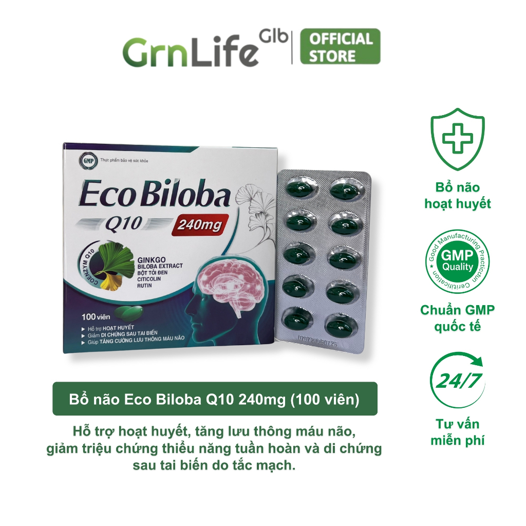 Viên uống bổ não GrnLife Eco Biloba Q10 Ginkgo 240mg - Lưu thông, tuần hoàn máu não