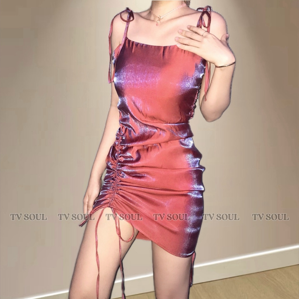 [ẢNH THẬT] Đầm Hologram dây nơ vai thiết kế dây rút 2 bên tuỳ chỉnh