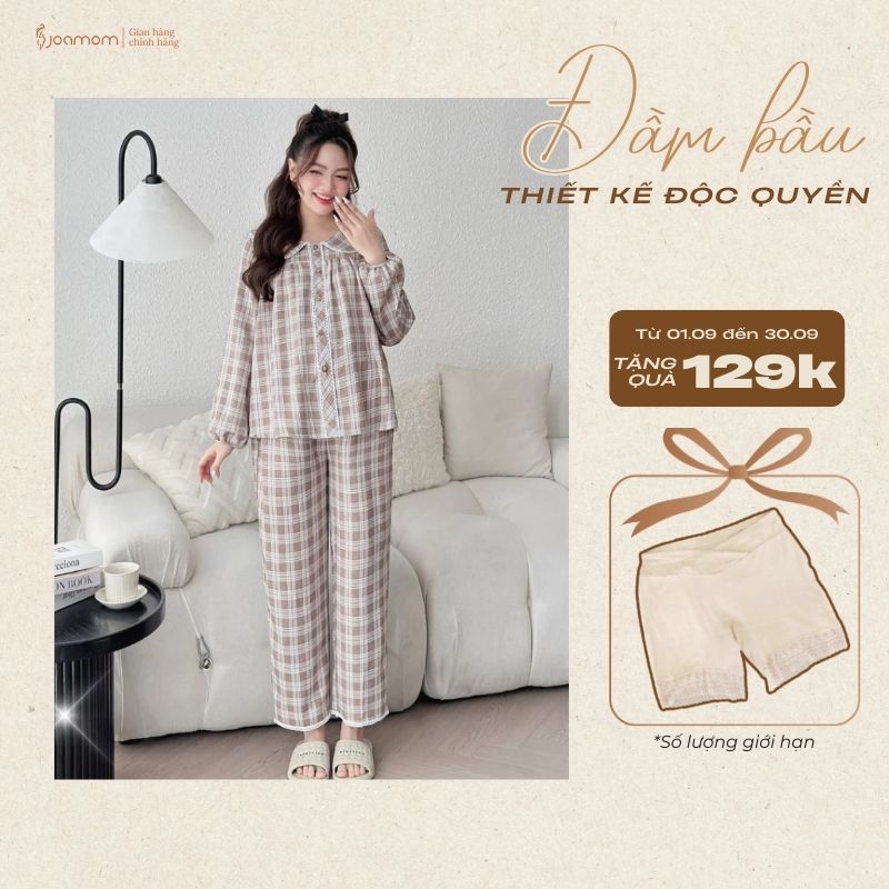 [MÙA THU] Bộ Bầu Mặc Nhà Và Sau Sinh Joamom Kẻ Cara Viền Ren Cao Cấp Có Khóa Kéo Cho Bé TuTi - BB087