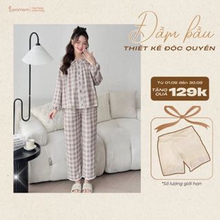 [MÙA THU] Bộ Bầu Mặc Nhà Và Sau Sinh Joamom Kẻ Cara Viền Ren Cao Cấp Có Khóa Kéo Cho Bé TuTi - BB087