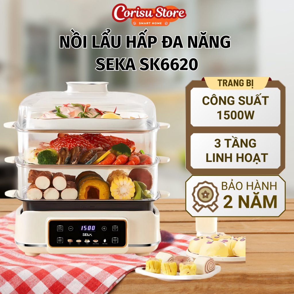 Nồi hấp điện kèm lẩu SEKA SK6620 đa năng 3 tầng, dung tích 24L cực kỳ tiện lợi, công suất lớn 1500W, tháo rời dễ vệ sinh
