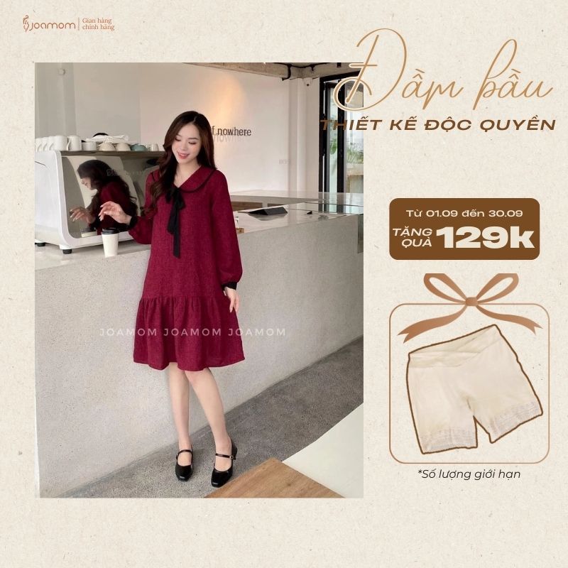   Giáng Sinh  Váy Đầm Bầu Gạo Đỏ Joamom Thanh Lịch Cổ Nơ Hàn Quốc Cao Cấp - Vb990 
