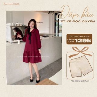   Giáng Sinh  Váy Đầm Bầu Gạo Đỏ Joamom Thanh Lịch Cổ Nơ Hàn Quốc Cao Cấp - Vb990 