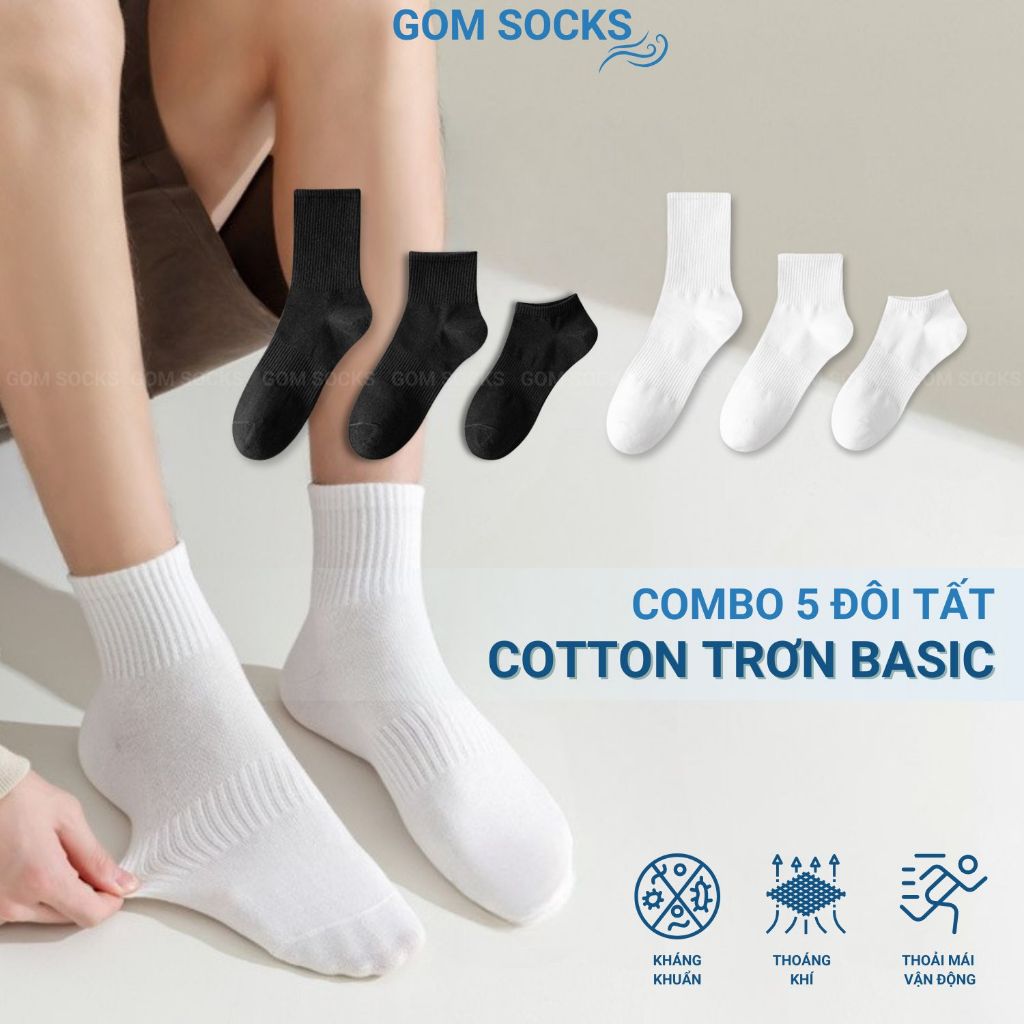 Combo 5 đôi tất trơn cổ cao nam nữ GOM SOCKS, tất thể thao basic chất cotton dày dặn, thoáng khí - O