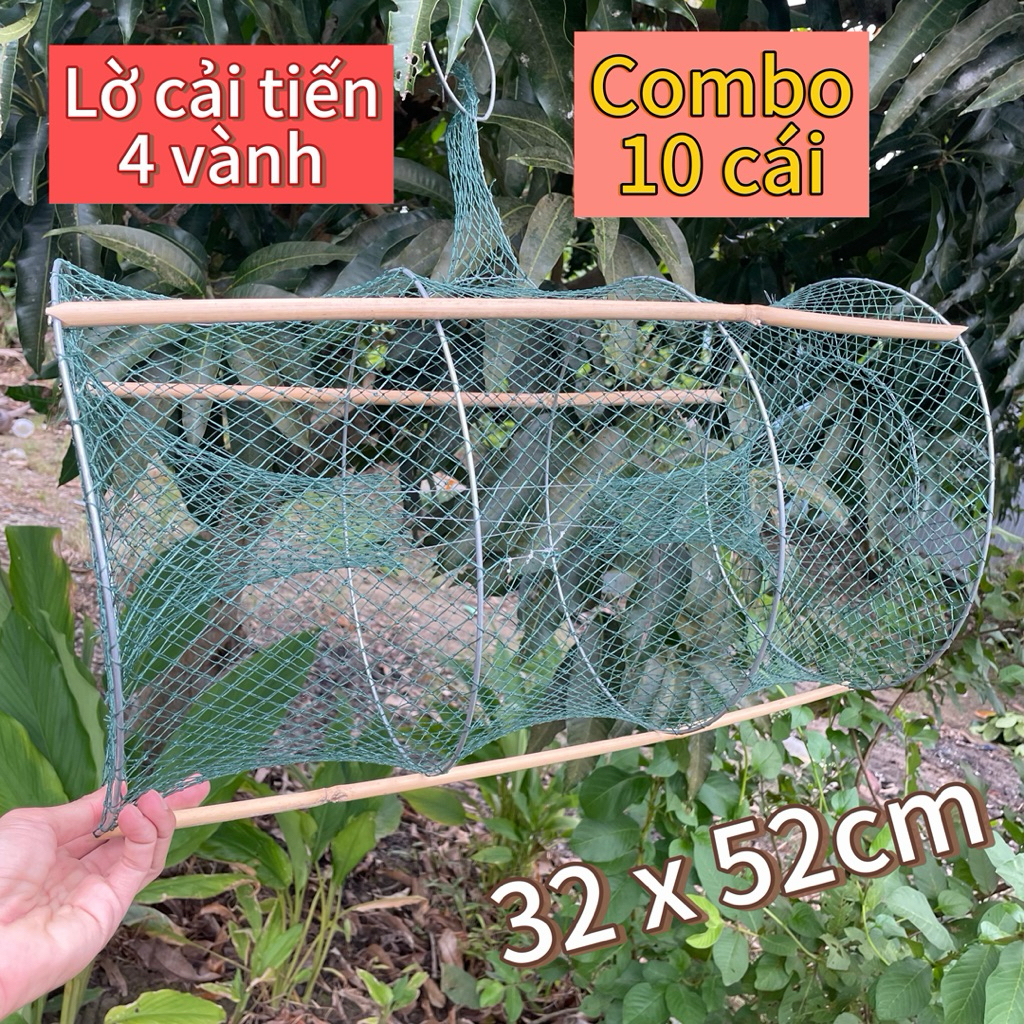 Combo 10 cái- Lờ bắt cá- lờ cải tiến 4 vòng cỡ 32 x 52cm. Kèm 30 cây dựng lờ
