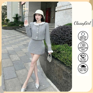  Set áo dạ tweed blazer cổ hoa croptop dài tay kèm chân váy ngắn basic thời trang nữ  Set đồ nữ thu đông 