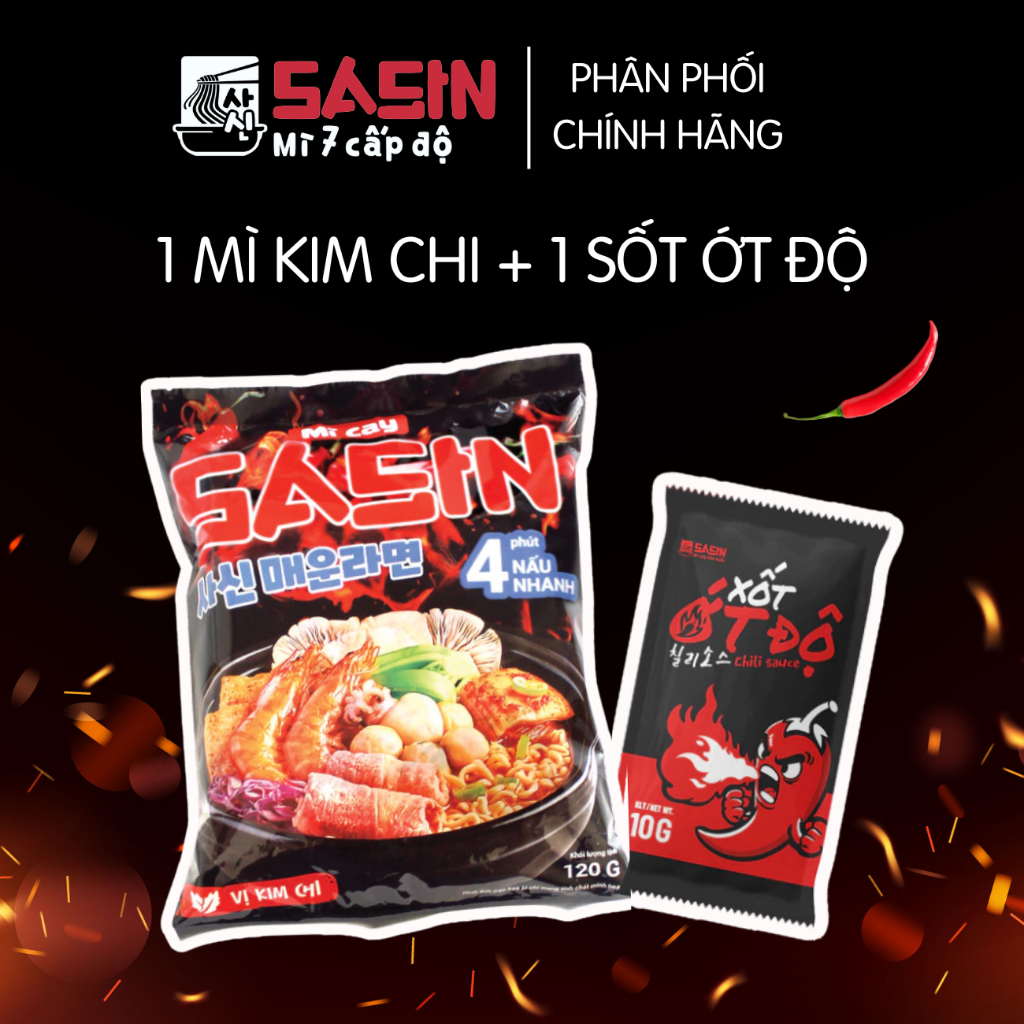 1 gói mì cay Sasin vị KIM CHI 120g + 1 gói xốt ớt độ 10g