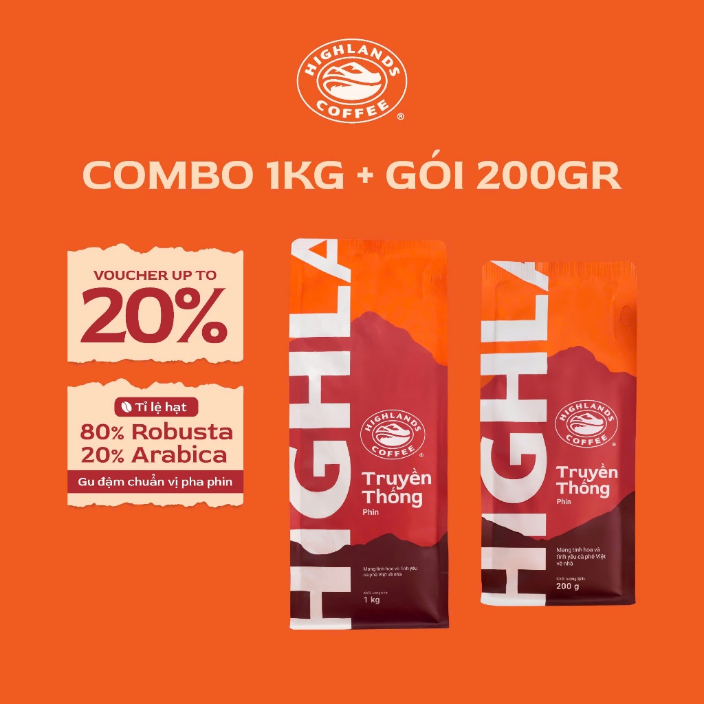 COMBO CÀ PHÊ RANG XAY TRUYỀN THỐNG GÓI 1 KG VÀ 200GR HIGHLANDS COFFEE (TỔNG 1,2KG)