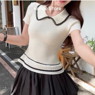 Áo len mongtoghi polo tay ngắn cổ viền ren, áo len mỏng cộc tay triết eo dáng tiểu thư Renee Store - AL2101
