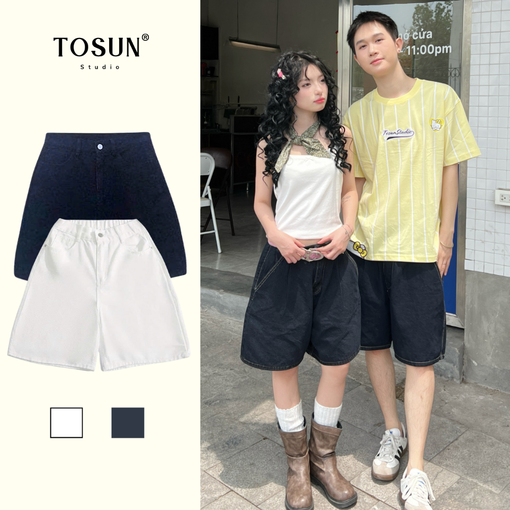 [TOSUN] Quần Short Jean Lửng Wash Trơn Chỉ Nổi Form Rộng Nam Nữ N08