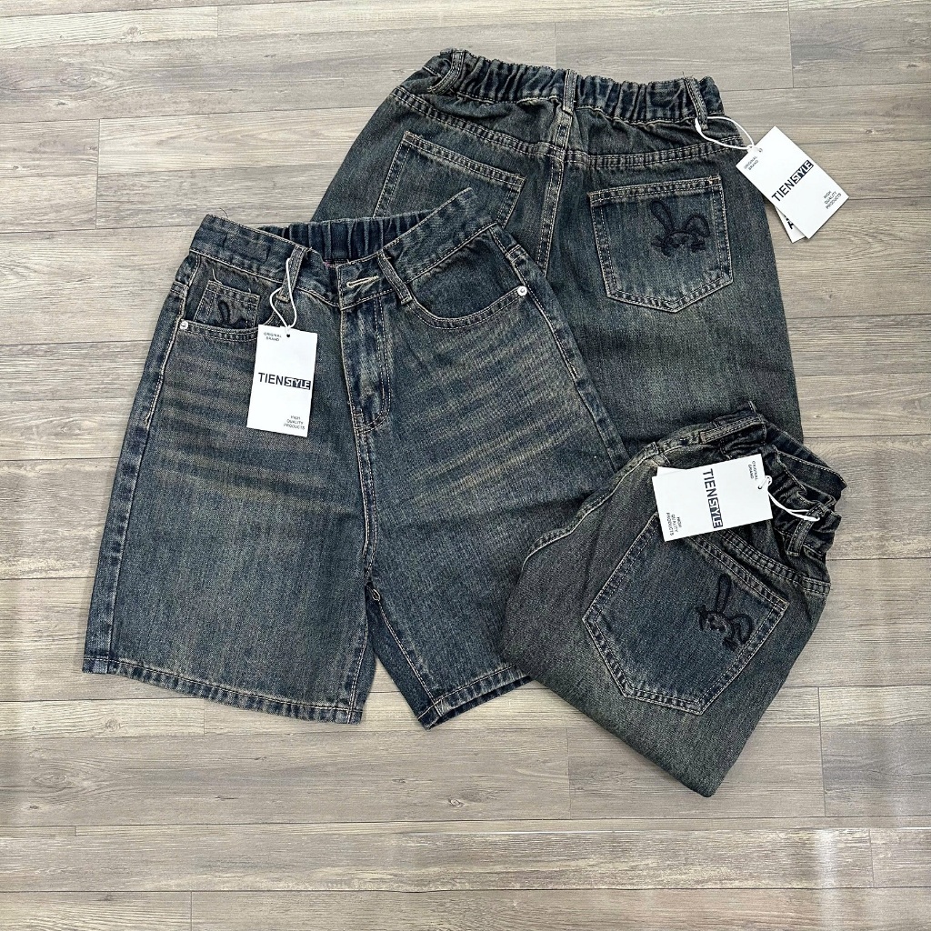 TIENSTYLE - Quần Ngố Jean Lưng Thun Chun Màu Bụi Thêu Thỏ, Quần jean nữ Bigsize tới 85kg