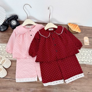  Bộ Pijama mặc nhà cổ sen phối ren quần xuông chất đũi mềm mịn cho bé gái 8-18kg Vivi Baby 