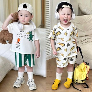  Bộ Quần Áo Cho Bé Trai Họa Tiết Khủng Long Vàng Xanh Chất Liệu Cotton Mịn Size 8-20kg 