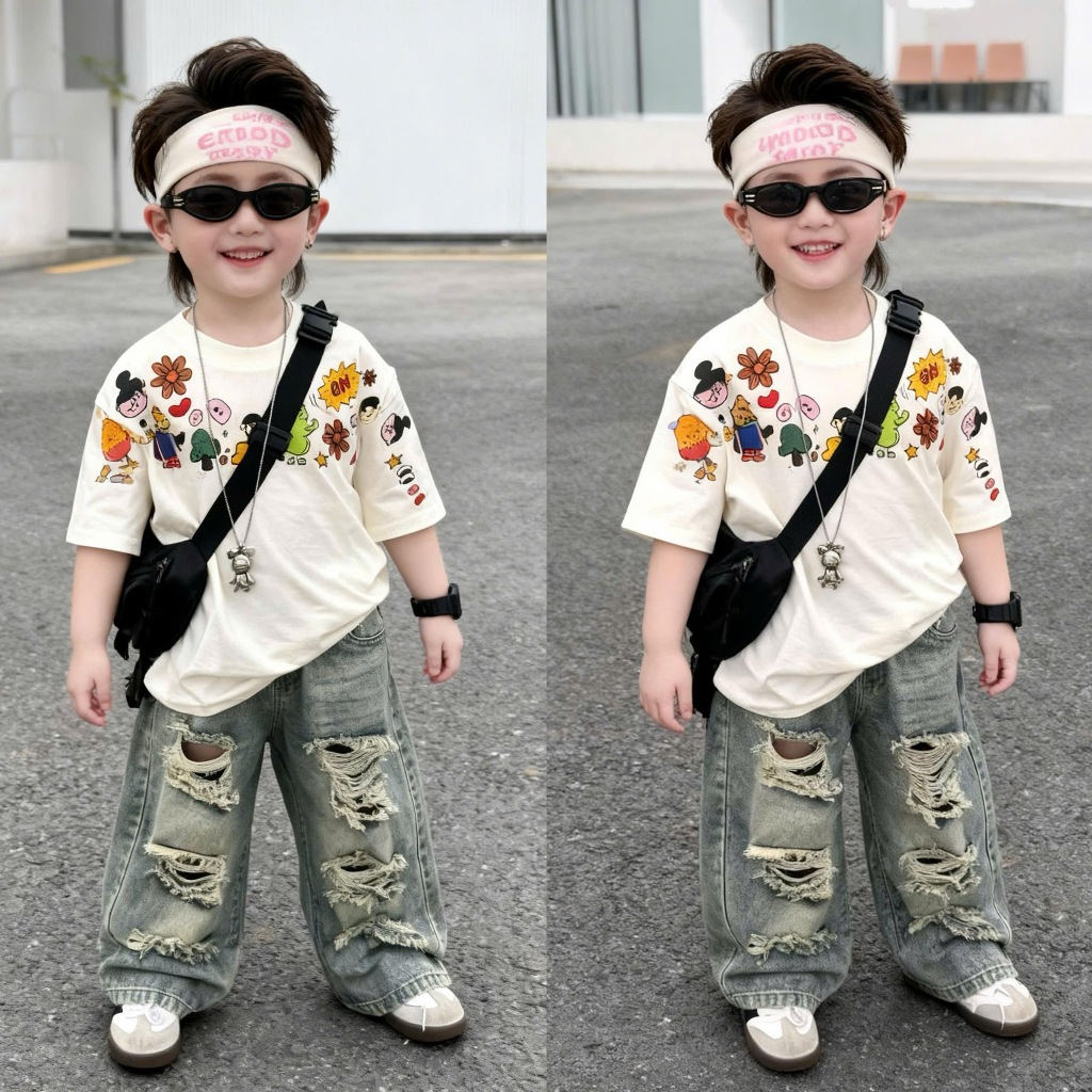 Set áo thun quần bò dài ống xuông rách cho bé trai hoa lá nhiều chi tiết phong cách hàn quốc,TPKIDS,[M1054]